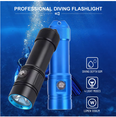 Two diving flashlights, one black and one blue, with underwater graphics and text indicating diving depth and light modes on a blue background.