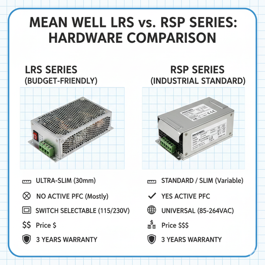 alt="Mean Well LRS vs RSP Series technical feature comparison table"