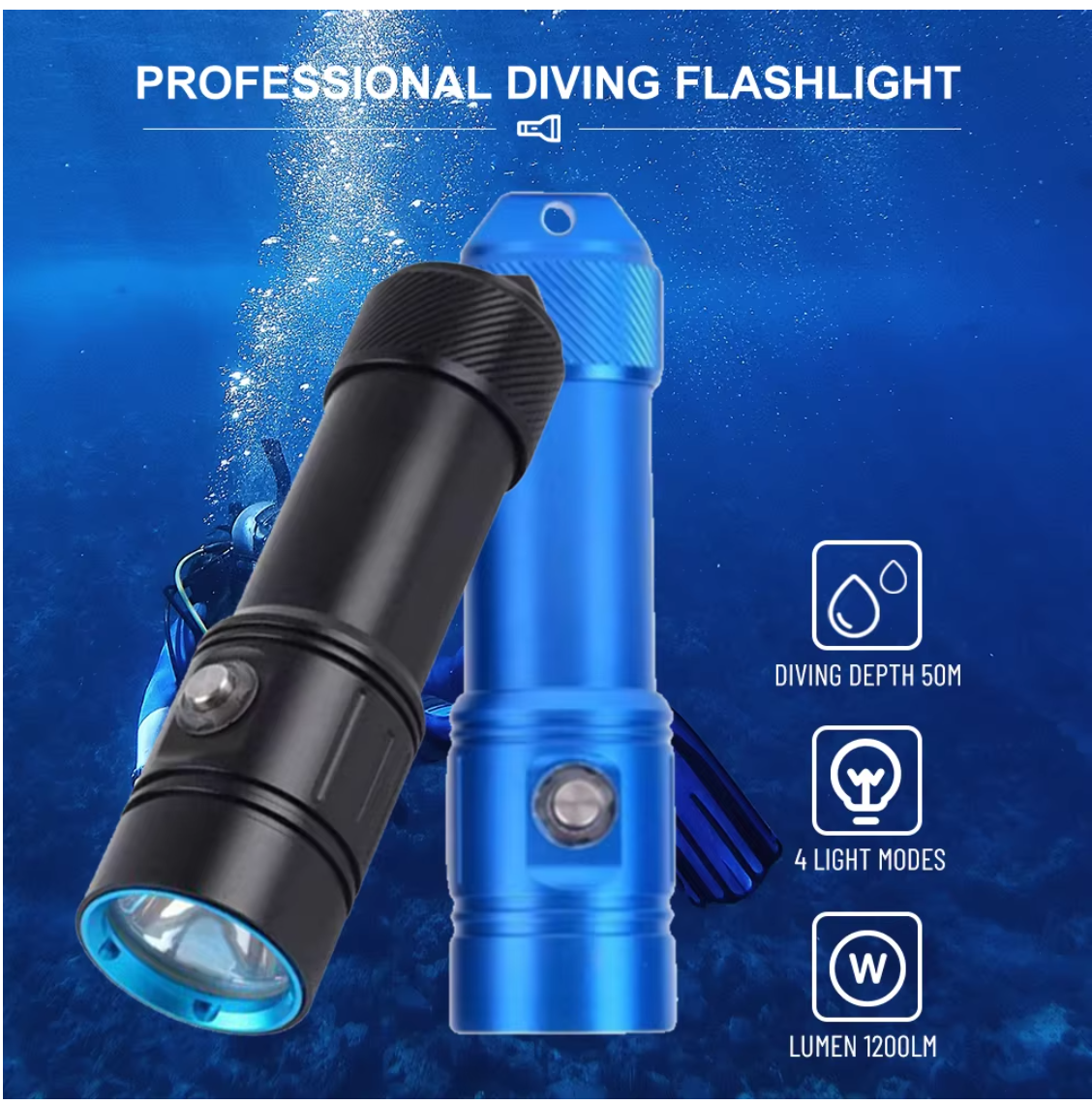 Two diving flashlights, one black and one blue, with underwater graphics and text indicating diving depth and light modes on a blue background.
