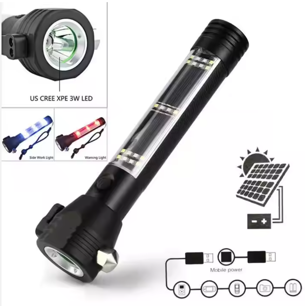 Solar Flashlight Pro – Multi-Tool Emergency Light with Alarm & Safety Hammer