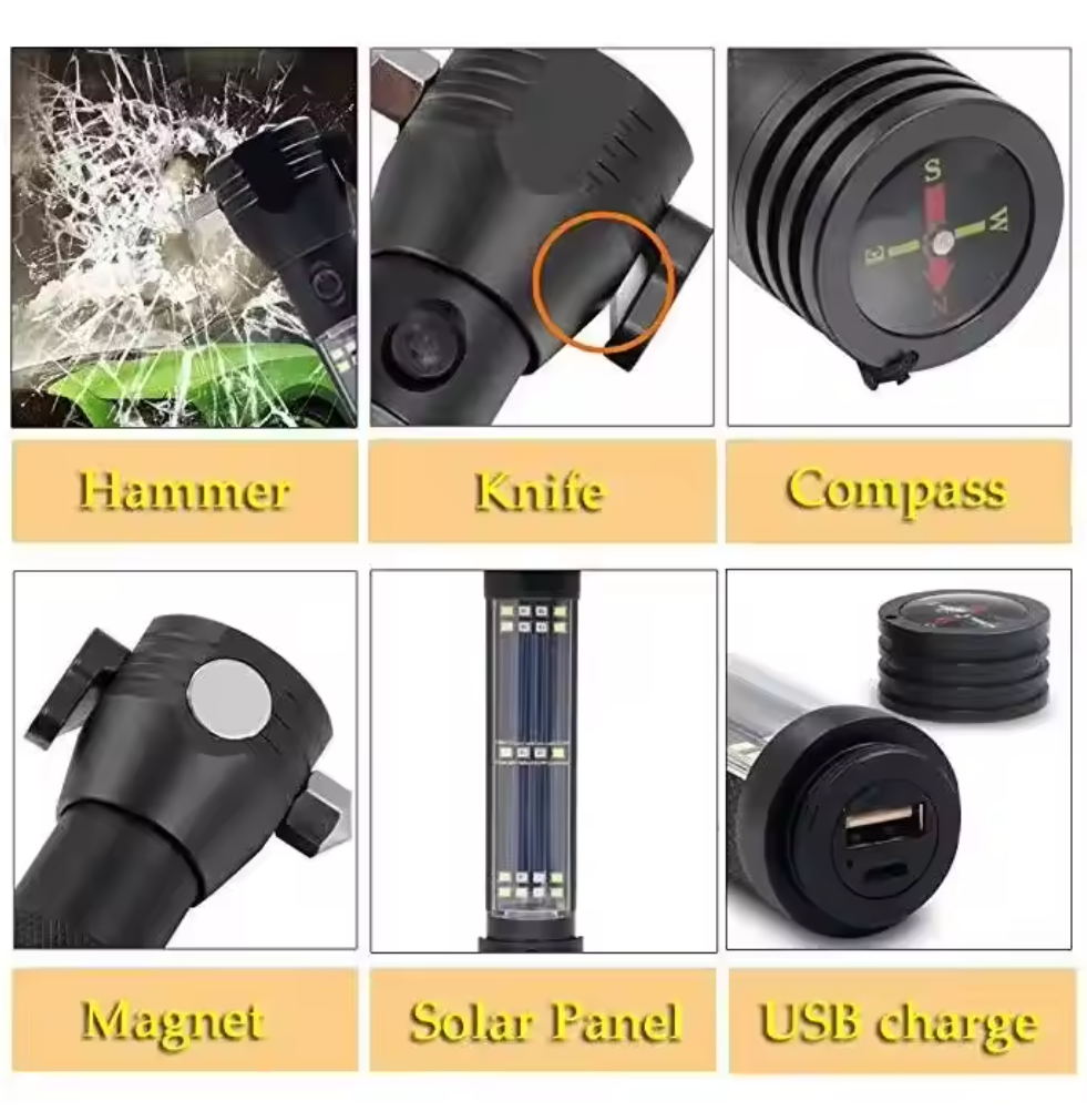 Solar Flashlight Pro – Multi-Tool Emergency Light with Alarm & Safety Hammer