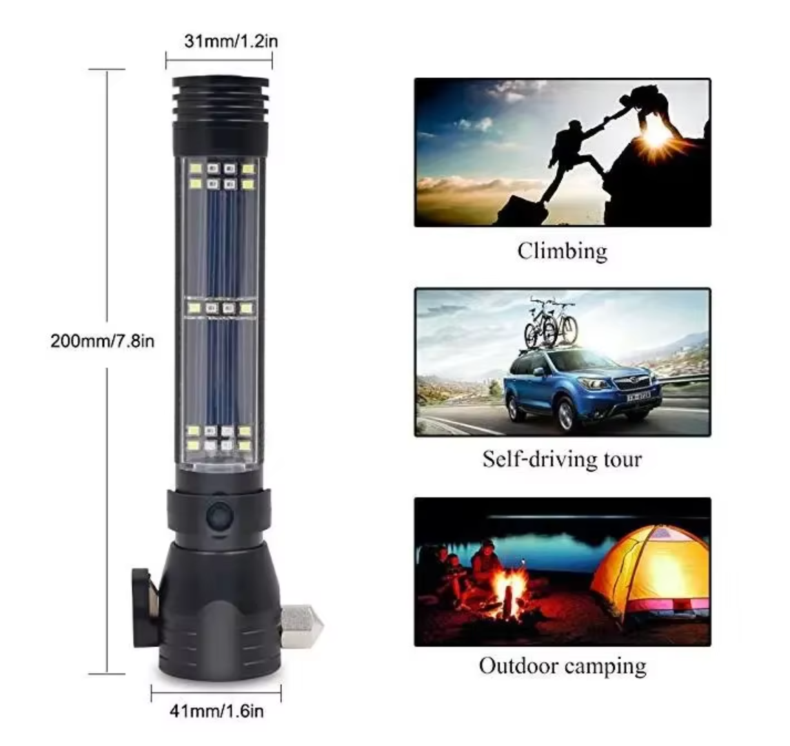 Solar Flashlight Pro – Multi-Tool Emergency Light with Alarm & Safety Hammer