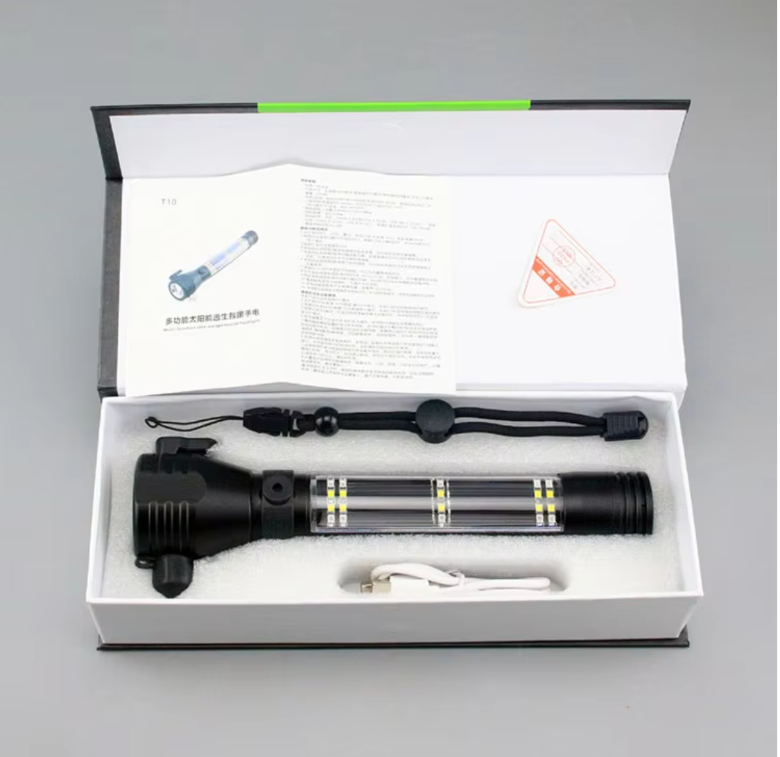 Solar Flashlight Pro – Multi-Tool Emergency Light with Alarm & Safety Hammer
