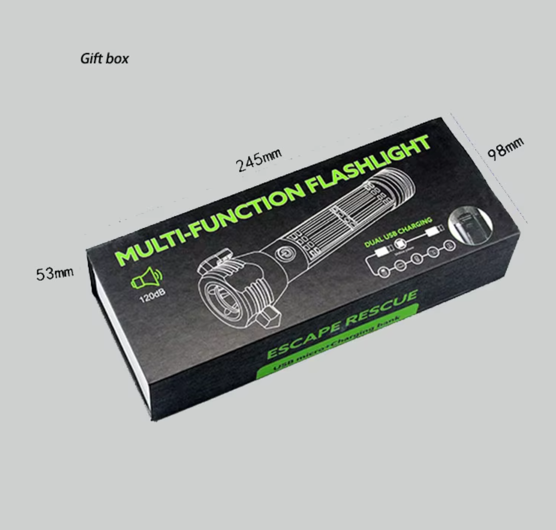 Solar Flashlight Pro – Multi-Tool Emergency Light with Alarm & Safety Hammer