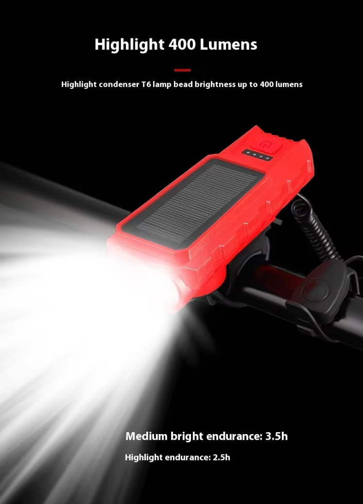 Solar Bike Headlight — Light, Alarm & Horn, All in One